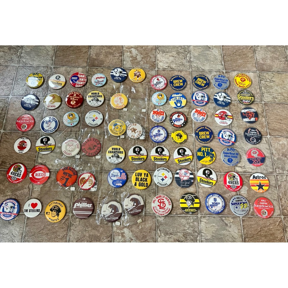 Huge Vintage Sports Pinback Button Lot NFL MLB USFL Steelers 49ers Brewers 70 ct
